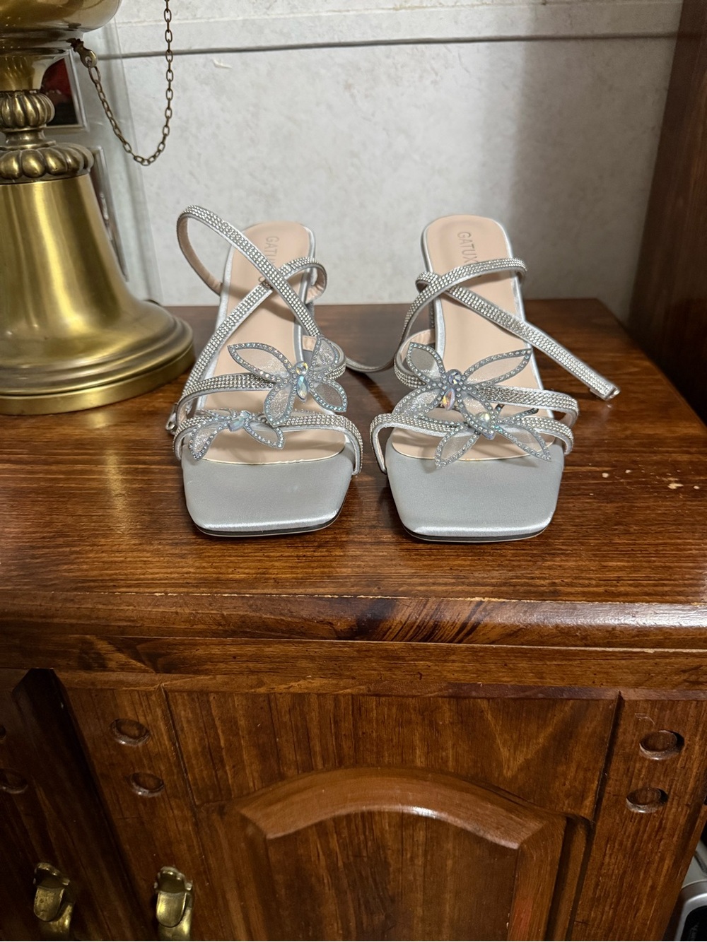 Cityclassified Silver Jeweled Floral Butterfly Strap Heels
